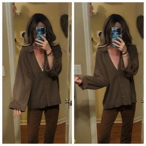 Free People Free-est Fine Knit Polo Buttondown Cardigan Wide Sleeve Sweater